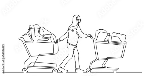 continuous line drawing of woman in mask pushing two shopping carts full of products