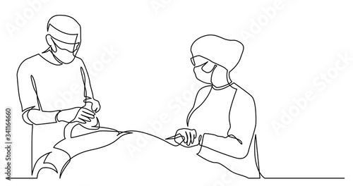 continuous line drawing of two doctors in masks putting ventilator on coronavirus patient