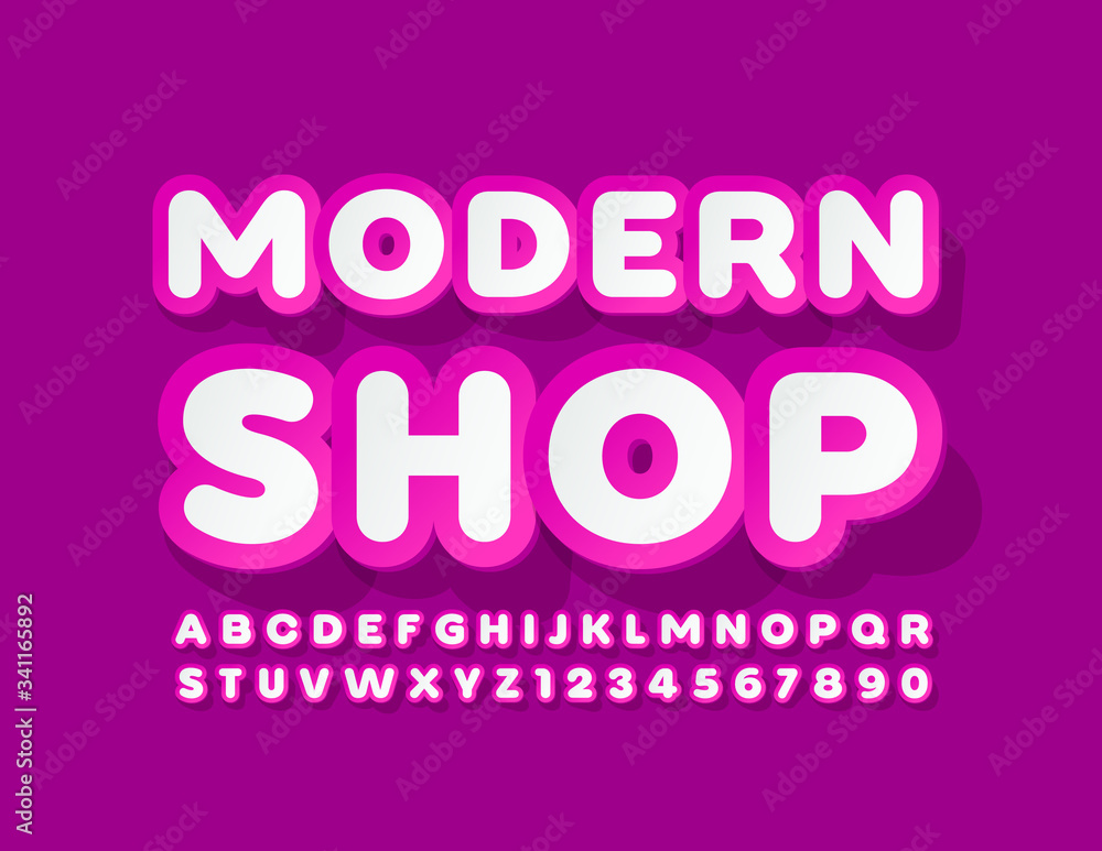 Vector bright logo Modern Shop with stylish sticker Font. Violet and White Alphabet Letters and Numbers Vector bright logo Modern Shop with stylish sticker Font. Violet and White Alphabet Letters and Numbers