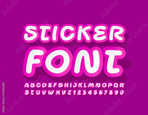 Vector Sticker Font. Creative bright Alphabet. Violet and White Alphabet Letters and Numbers