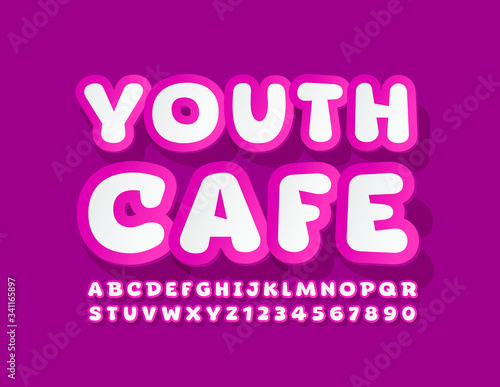 Vector colorful logo Youth Cafe. Bright playful Font. Stylish Alphabet Letters and Numbers.