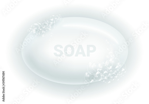 Soap bar with foam and bubbles isolated vector illustration on white background. Soap foam for lather. Vector illustration.