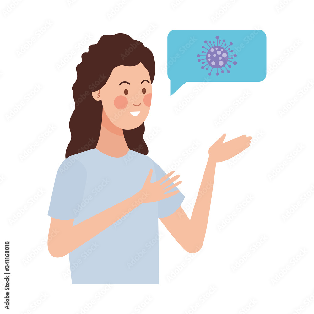 happy young woman with speech bubble and covid19 particle