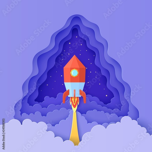 Red rocket launch in space in paper cut style. Triangular layered frame with get start polygonal spaceship. Vector 3d education kids background with smoke, fog and stars spacescape paper art.