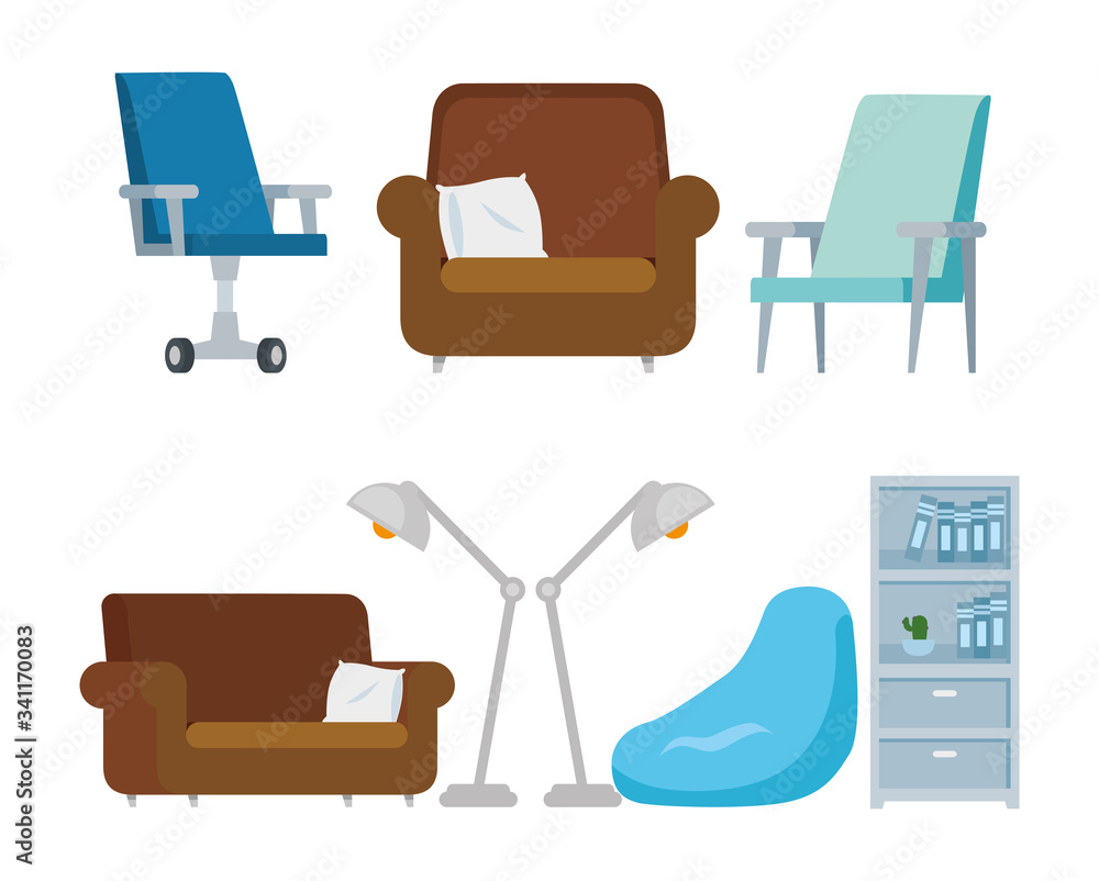 set chairs with couches and icons vector illustration design set chairs with couches and icons vector illustration design