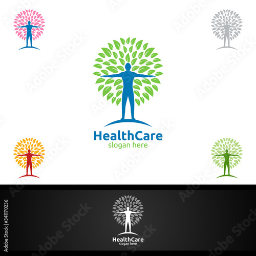 Organic Health Care Medical Logo with Human and Leaf Character for Therapy, Wellness, Spa, Education, Nutrition, or Fitness Concept