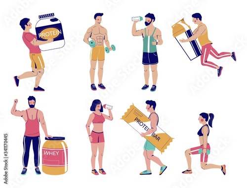 Fitness people with sports nutrition, vector flat isolated illustration