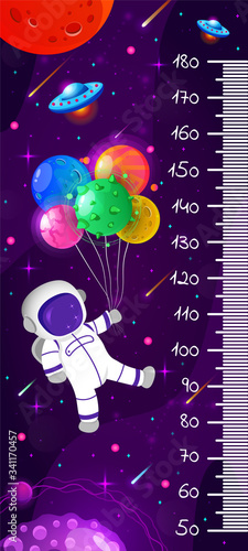 Kids space height chart. Cosmic wall meter with flying astronaut and fantasy planets. Vector template.