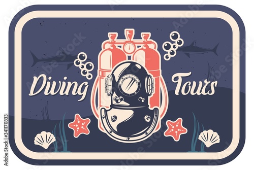 Diving tours vintage typography poster template, vector illustration