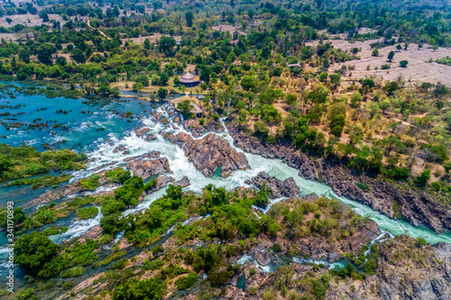 Bilde på lerret Aerial view of Li Phi waterfall in Laos - Tat Somphamit, don khone, si phan don on four thousand islands in Laos