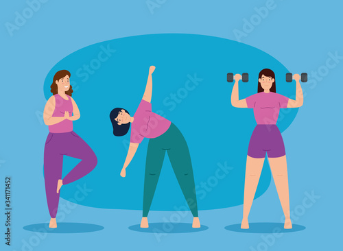 group young women practicing exercise vector illustration design