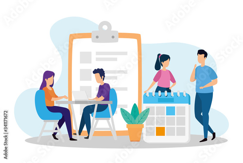 scene of coworking with people and icons vector illustration design