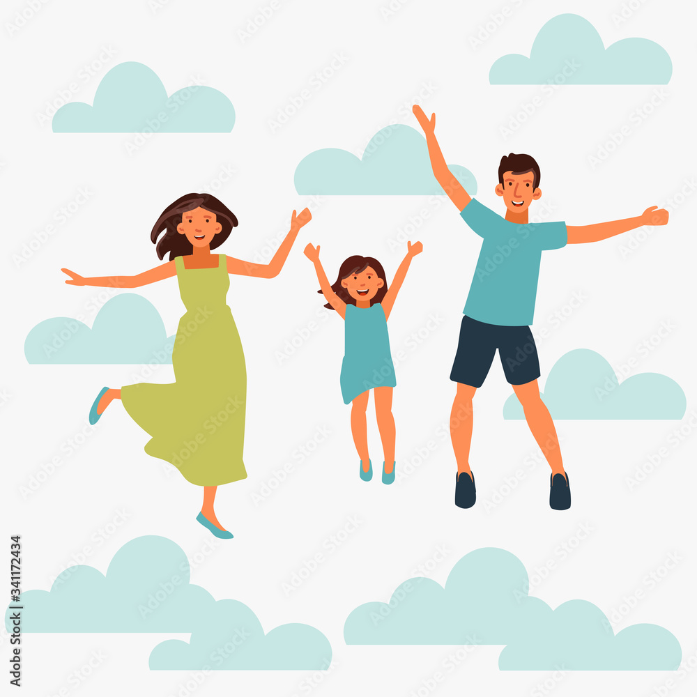 Happy family jumping on white background. Father, mother and daughter
