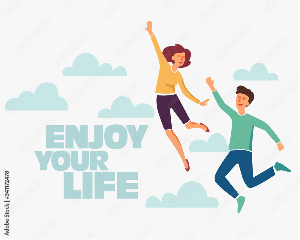 Young people jumping on white background with copy space. Stylish modern vector illustration with happy male and female teenagers Party, sport, dance and friendship team 