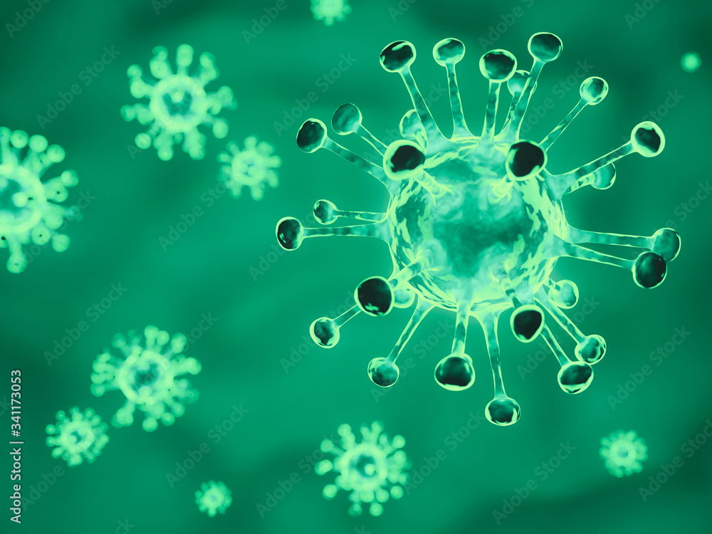 3D rendering Green tone Corona virus, COVID-19