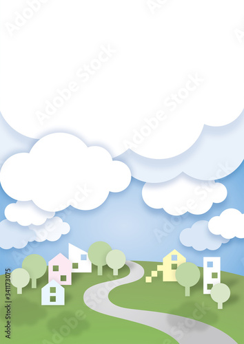 青空と雲と家と木のある町並み_B1_Cityscape,at home,town,cloud, sky
