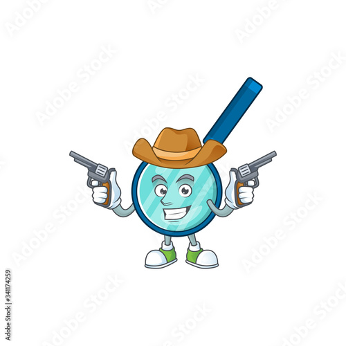 A cowboy cartoon character of magnifying glass holding guns