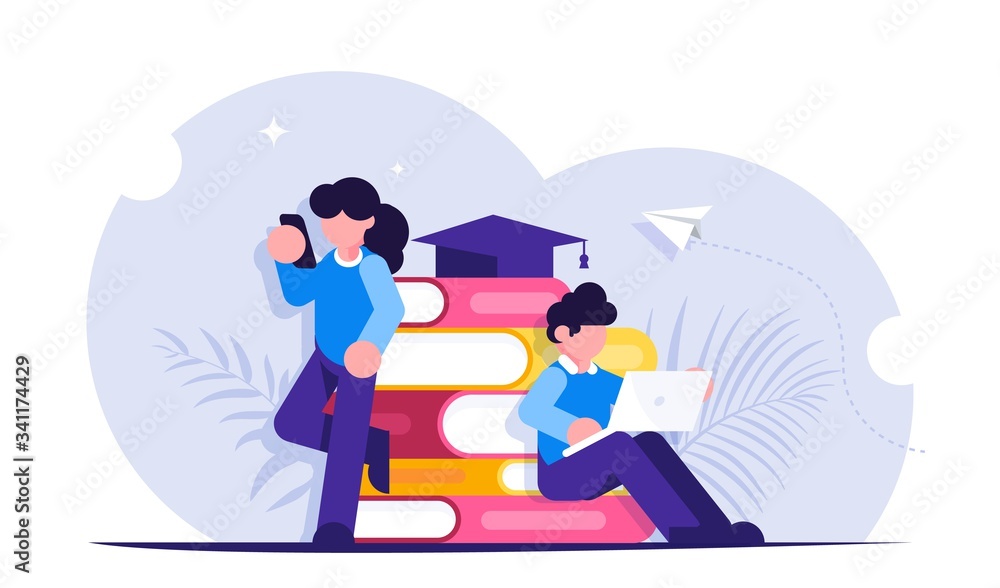 Online education. Students view lessons through mobile devices during distance learning. Modern flat vector illustration.