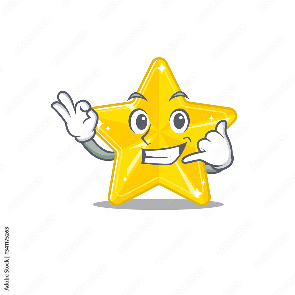 Cartoon design of shiny star with call me funny gesture Cartoon design of shiny star with call me funny gesture