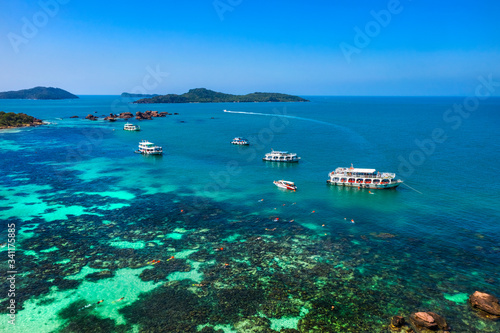 Aerial view of people swimming on the sea and beach on Gam Ghi Phu Quoc islan...