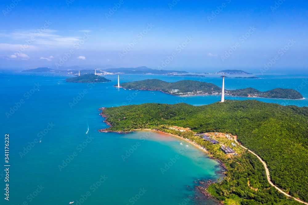 Aerial view of The Longest Cable Car situated on the Phu Quoc Island in South Vietnam. View on area Thom island, Kien Giang
