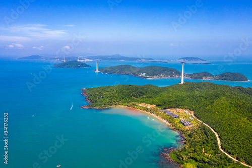 Aerial view of The Longest Cable Car situated on the Phu Quoc Island in South Vietnam. View on area Thom island, Kien Giang