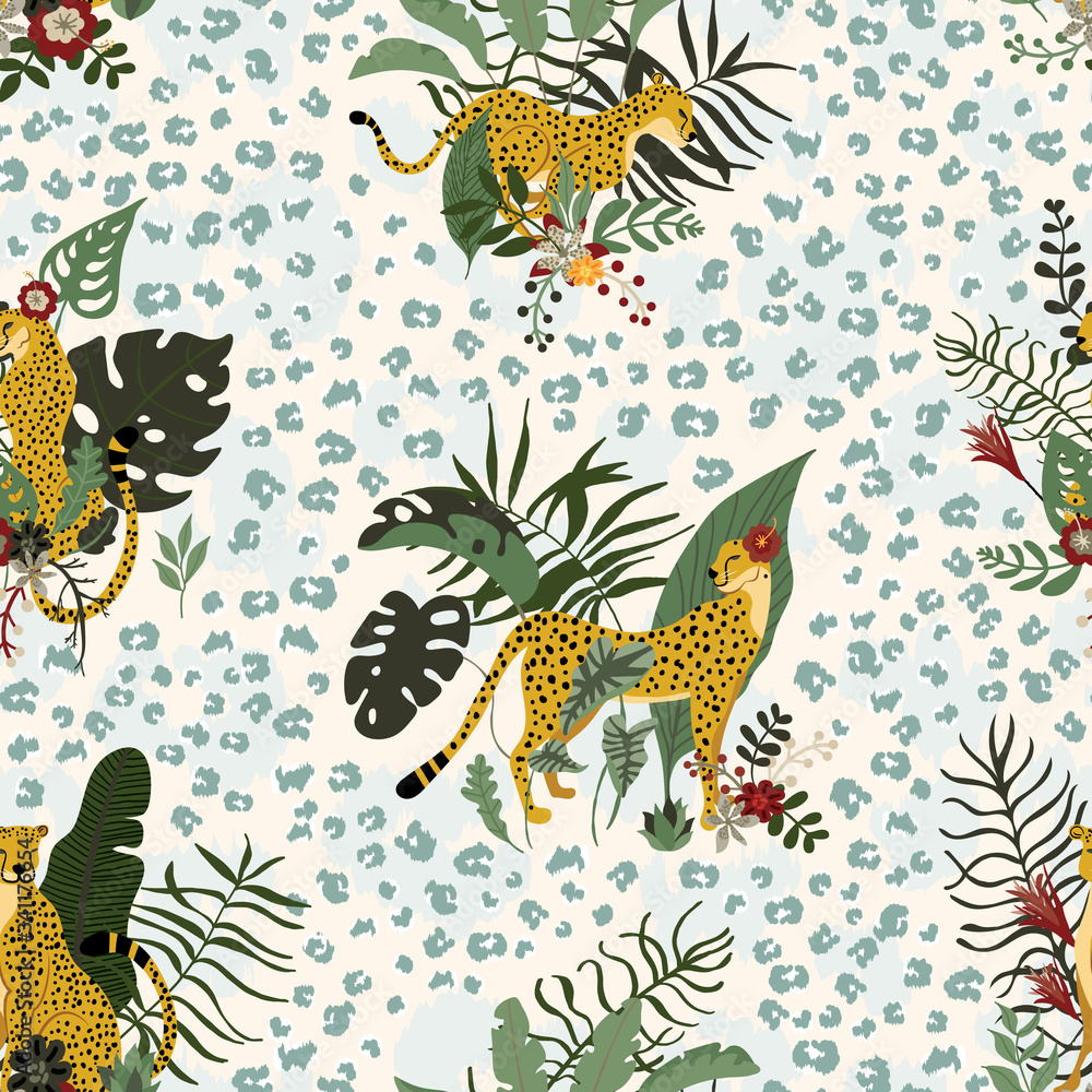 Seamless pattern with wild jungle cheetahs’ animals in different poses and exotics floral and leaves. Tropical cats with leopard print skin. Great for wrap paper, wallpapers, web, surface textile Seamless pattern with wild jungle cheetahs’ animals in different poses and exotics floral and leaves. Tropical cats with leopard print skin. Great for wrap paper, wallpapers, web, surface textile