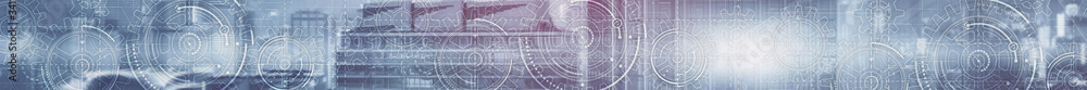 Obraz premium Horizontal Technology background. Headers website. Mechanism, gears work.