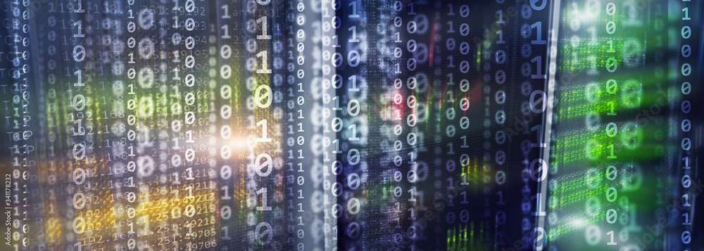 Fototapeta premium Matrix Futuristic theme multiple exposure binary numbers. Data center Website Banner.