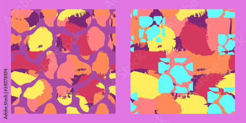 two seamless patterns with abstract tropical print. Trendy hand drawn textures