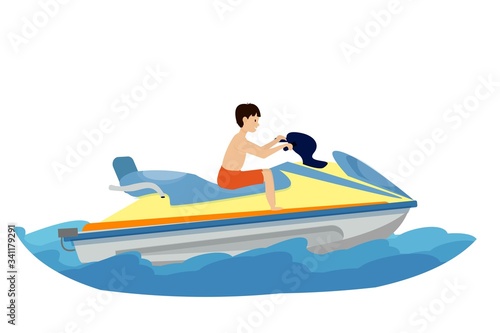 Young man, adult riding on water scooter isolated on white background stock vector illustration. Graphic extreme sport, hobby, vacation composition. Bright, colorful and positive.