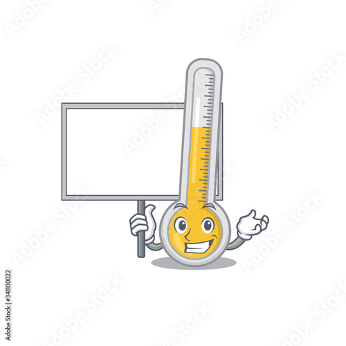 An icon of warm thermometer mascot design style bring a board photo