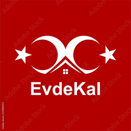 Evde Kal (Turkish Translated: Stay at Home). Coronavirus and Covid-19 Fight Symbol. Crescent Star Turkey Flag Icon. Vector Illustration Sign.  photo