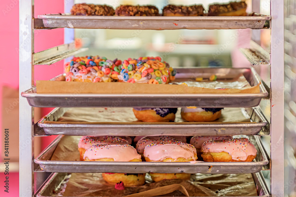Freshly made donuts on rolling rack ready to be put on display in popular specialty doughnut chain shop, selective focus Freshly made donuts on rolling rack ready to be put on display in popular specialty doughnut chain shop, selective focus