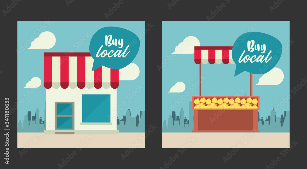 shop local poster with store building and oranges kiosk