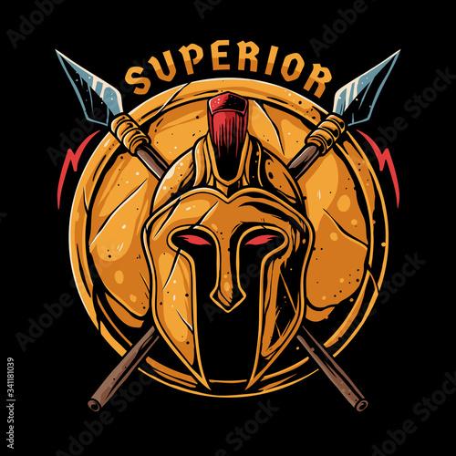 Spartan warrior helmet with spear and shield. Superior illustration for t-shirt design, sticker, or poster
