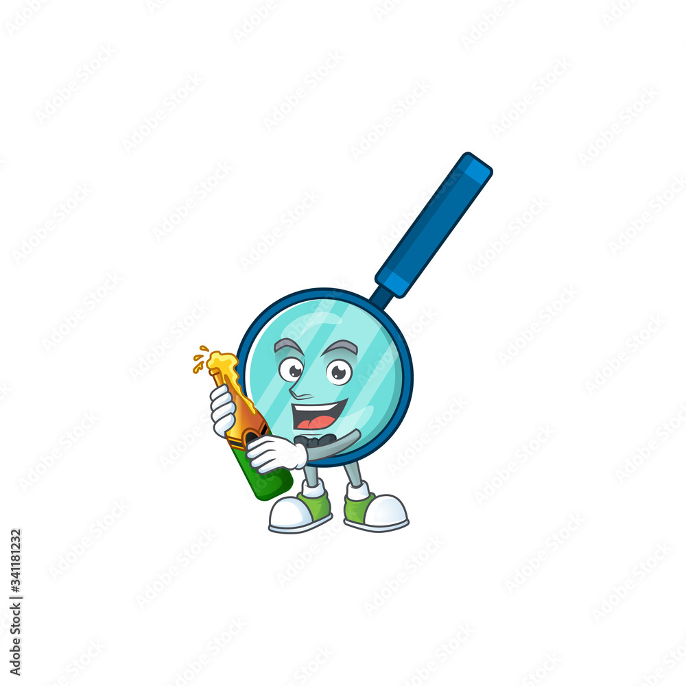 Mascot cartoon design of magnifying glass making toast with a bottle of beer Mascot cartoon design of magnifying glass making toast with a bottle of beer