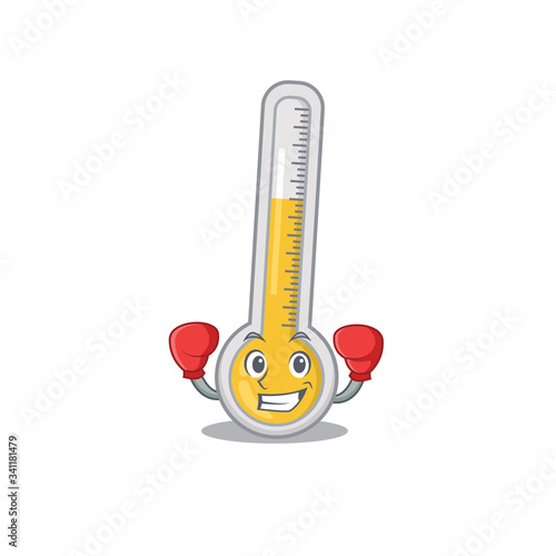 A sporty boxing athlete mascot design of warm thermometer with red boxing gloves photo