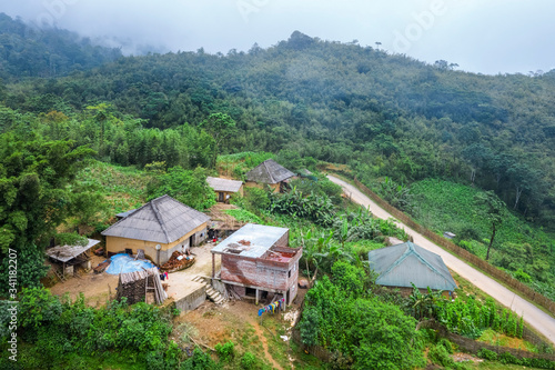 Aerial view of Trinh Tuong house or house made of land of ethnic minorities in Y Ty, Lao Cai, Vietnam. This is the traditional house of Ha Nhi people.