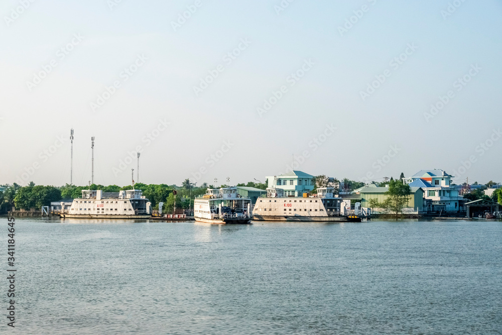 Passenger ferry terminal on mekong river, mekong delta, Vinh Long, Vietnam.