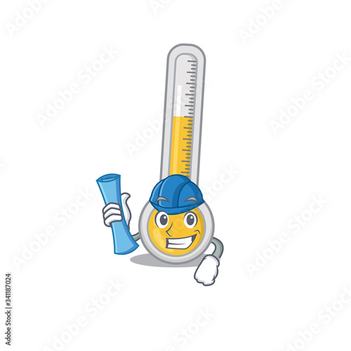 Cartoon character of warm thermometer brainy Architect with blue prints and blue helmet
