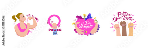 Feminist and body positive vector stickers set. Female movements cartoon badges with inspirational quotes.