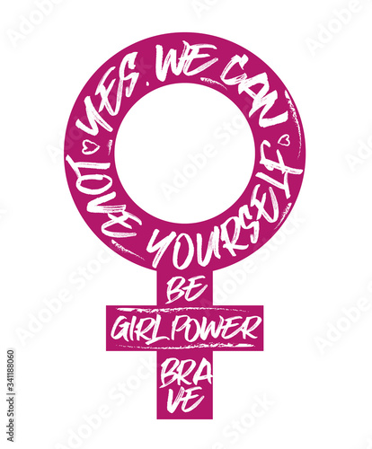 Feminist and body positive vector stickers set. Female movements cartoon badges with inspirational quotes.