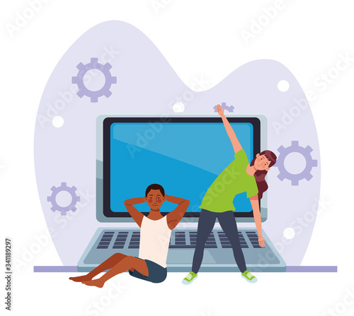 interracial couple practicing online exercise for quarantine