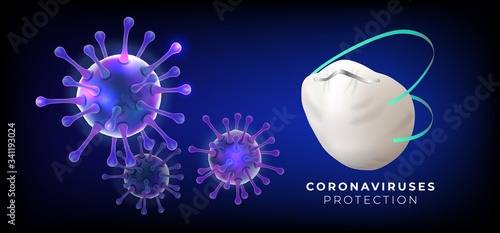 Virus protection poster. Abstract vector 3d microbe and protection mask on blue background. Computer virus, allergy bacteria, medical healthcare, microbiology concept. 