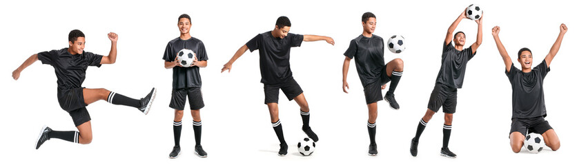 Collage with young African-American football player on white background