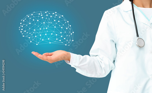 Obraz na plátně Female neurologist with digital model of brain on color background