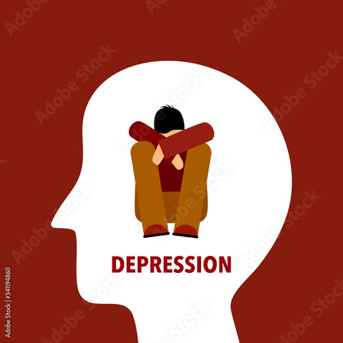 Depression man sit and put his arms on his knees. A man sad and depressed. Anxiety disorder and stress concept vector illustration. Psychological therapy and treatment.