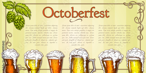 Beer background vector vintage. traditional beer festival banner template with foamy beer glasses in retro style. Oktoberfest party flyer, pub or bar menu pattern. horizontal frame with hops and beer.