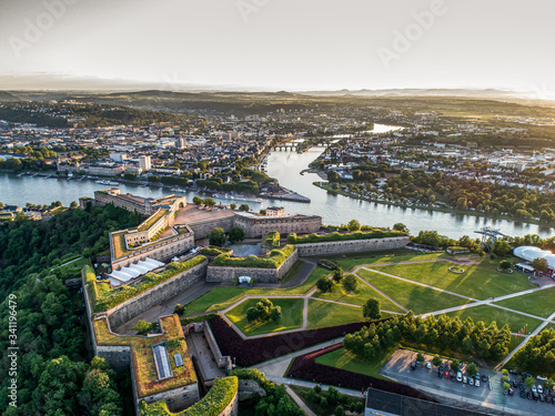 Aerial View of Ehrenbreitstein fortress and Koblenz City in Germany during sunse Fototapet